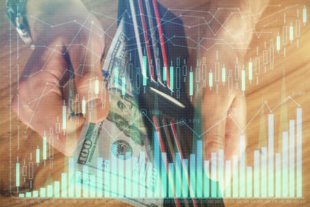 Multi exposure of forex graph drawing hologram and USA dollars bills and man hands. Technical Analysis concept.の写真素材