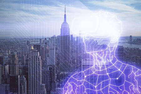 Double exposure of AR people drawing and cityscape background. Concept of augmented reality.