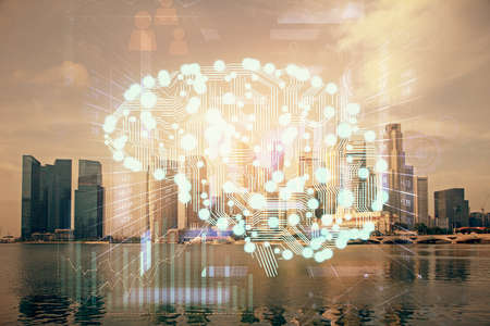 Brain hologram drawing on city scape background Double exposure. Brainstorming concept.
