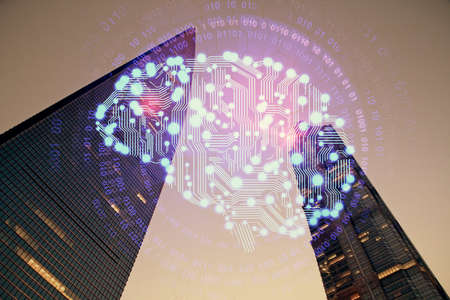 Brain hologram drawing on city scape background Double exposure. Brainstorming concept.