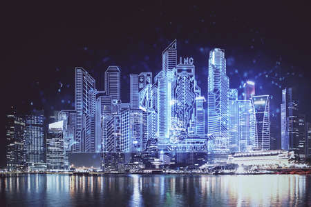 Double exposure of buildings hologram over cityscape background. Concept of smart city.の写真素材