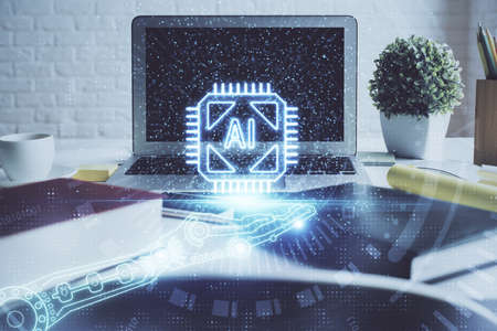 Multi exposure of desktop with personal computer and tech theme drawing. Concept of Bigdata.