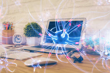 Desktop computer background and neuron drawing. Double exposure. Education concept.