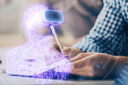 Abstract man wearing augmented reality headsets computer science work. AR concept. Double exposure.