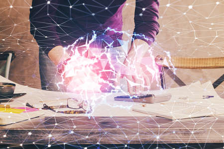 Haman brain double exposure icon with man hands background. Concept of Ai.の写真素材