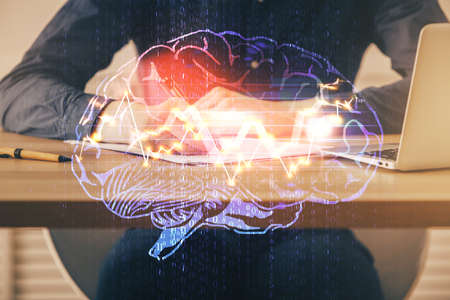 Brain multi exposure icon with man hands background. Concept of learning.