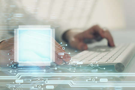 Multi exposure of tech drawings with man working on computer background. Concept of innovation.