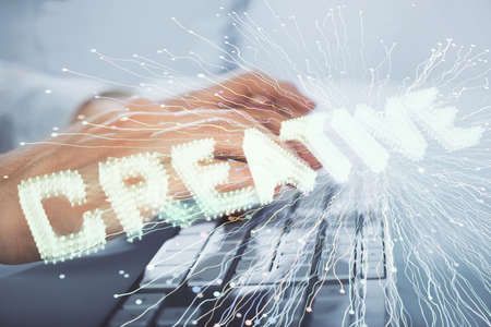 Start up drawings with businessman working on computer on background. Teamwork concept. Double...