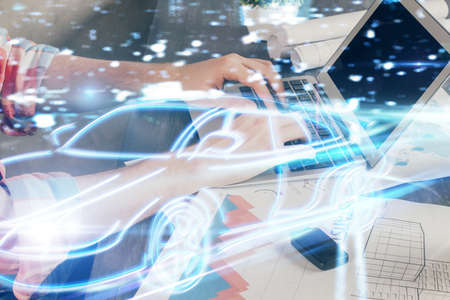 Automobile theme drawing with businessman working on computer on background. Autopilot taxi concept....