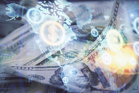 Double exposure of forex graph drawing over us dollars bill background. Concept of financial markets.の写真素材