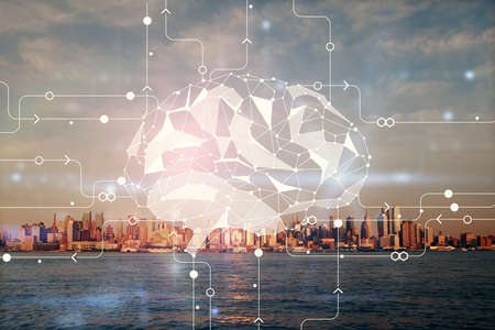 Brain hologram drawing on cityscape background multi exposure. Ai in modern city concept.