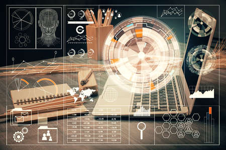 Multi exposure of table with computer on background and data theme drawing. Concept of innovation.