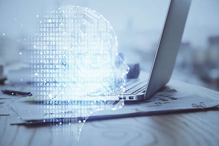 Double exposure of desktop computer and human brain drawing hologram. Ai concept.の写真素材