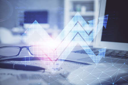 Arrows drawing up with glasses on the table background. Concept of business growth. Double exposure.
