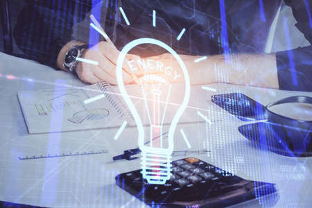 Innovative your business. Idea concept icon on writing mans hand background. Multi exposure.