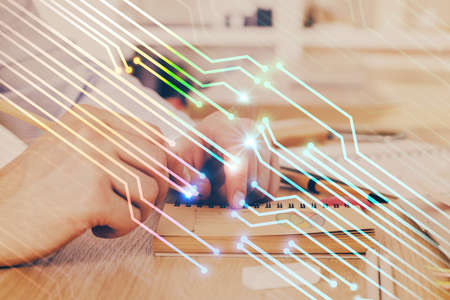 Humans hands with technology theme double exposure icons. Concept of big data.