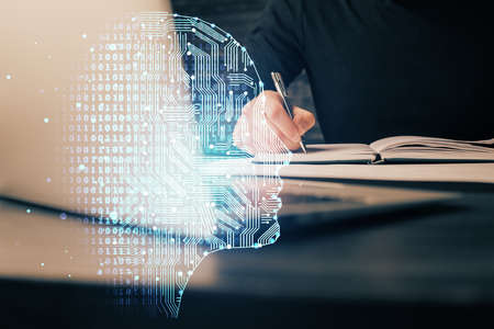 Brain multi exposure icon with man hands background. Concept of learning.の写真素材