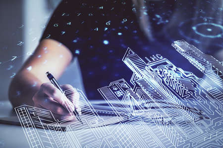 IOT drawing over writing hands in notepad background. Concept of smaert home. Multi exposure