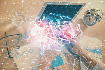 Man typing on keyboard background with brain hologram. Concept of big Data.