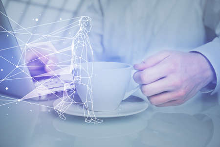Start up drawings with businessman working on computer on background. Teamwork concept. Double...