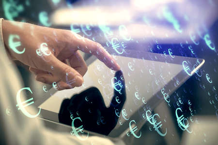 Multi exposure of mans hands holding and using a phone and financial chart drawing. Market analysis...