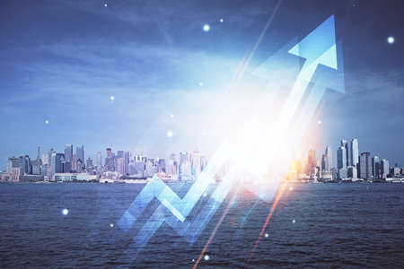 Double exposure of arrows growing up hologram and cityscape background. Concept of success.の写真素材