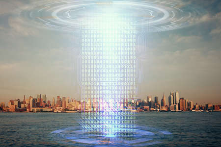 Data theme hologram drawing on city view with skyscrapers background multi exposure. Bigdata...