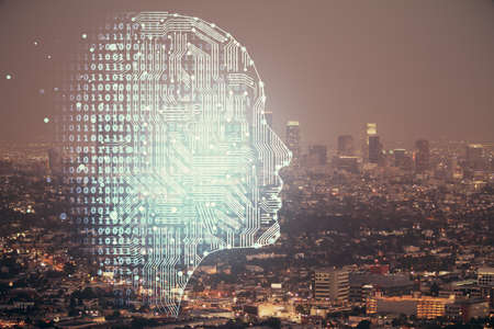 Brain hologram drawing on city scape background Double exposure. Brainstorming concept.