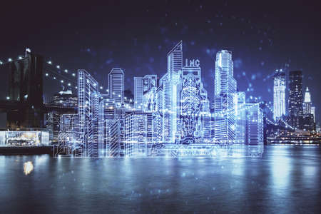 Double exposure of buildings hologram over cityscape background. Concept of smart city.の写真素材