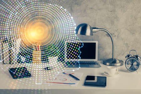 Double exposure of desktop with computer and brain drawing hologram. Artificial intelligence concept.の写真素材