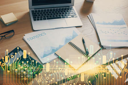 Multi exposure of desktop with computer on background and tech theme drawing. Concept of big data.