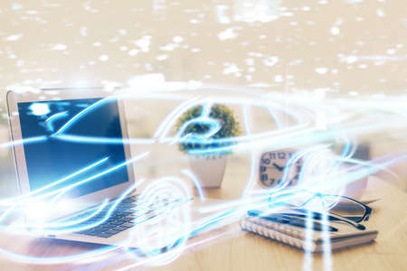 Desktop computer background in office with automobile hologram drawing. Multi exposure. Tech...