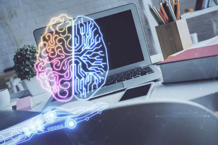 Double exposure of work space with computer and human brain drawing hologram. Brainstorm concept.の写真素材