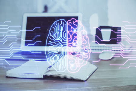 Multi exposure of work space with computer and human brain hologram. Brainstorm concept.