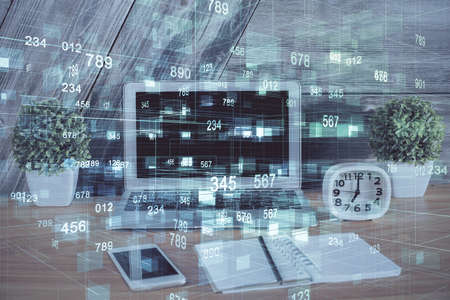 Double exposure of computer and technology theme hologram. Concept of freelance work.