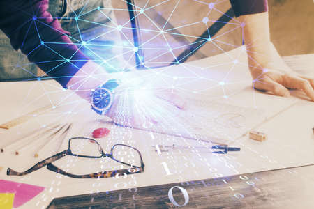 Writing man with technology icons. . Double exposure. Network and data concept.の写真素材