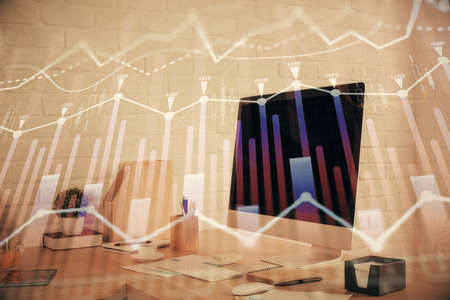 Double exposure of stock market graph drawing and office interior background. Concept of financial...