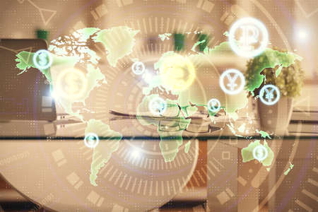 Double exposure of financial graph drawing and office interior background. Concept of stock market.