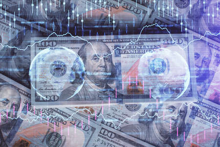 Multi exposure of forex chart drawing over us dollars bill background. Concept of financial success...