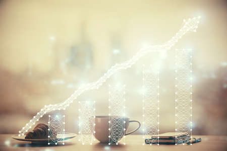 Double exposure of forex chart over coffee cup background in office. Concept of financial analysis and success.の写真素材