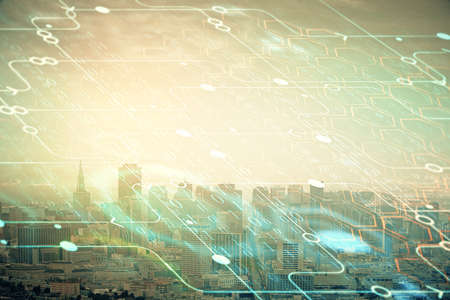 Data theme hologram drawing on city view with skyscrapers background double exposure. Technology...