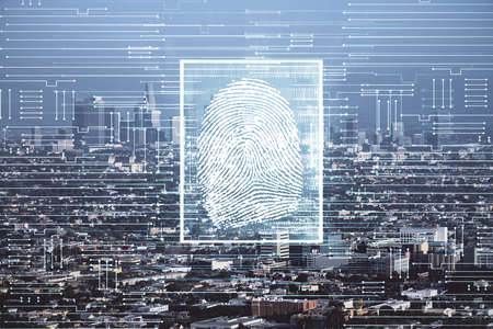 Double exposure of finger print hologram and cityscape background. Concept of personal security.