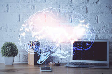 Double exposure of desktop computer and human brain drawing hologram. Ai concept.