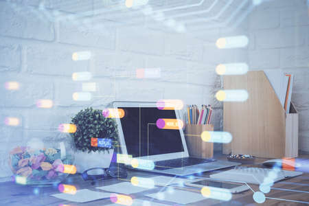 Multi exposure of desktop with personal computer and tech theme drawing. Concept of Bigdata.の写真素材