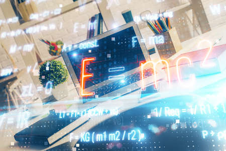 Desktop computer background and formula hologram writing. Double exposure. Education concept.
