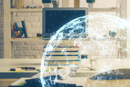 Computer on desktop with social network hologram. Multi exposure. Concept of international people...