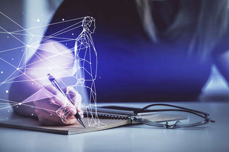 Start up creative drawing over close up hands in notepad background. Concept of brainstorming. Double exposureの写真素材