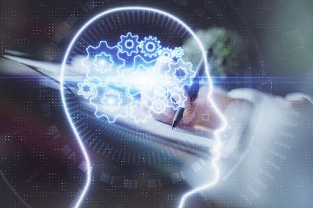 Multi exposure of writing hand on background with brain hologram. Concept of self learning.