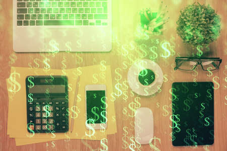 Double exposure of forex chart hologram over desktop with phone. Top view. Mobile trade platform concept.の写真素材