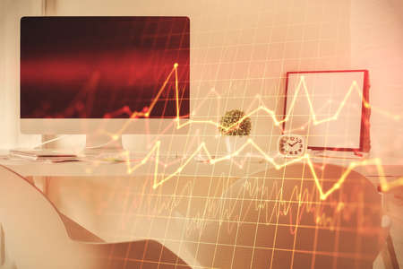 Multi exposure of stock market chart drawing and office interior background. Concept of financial...